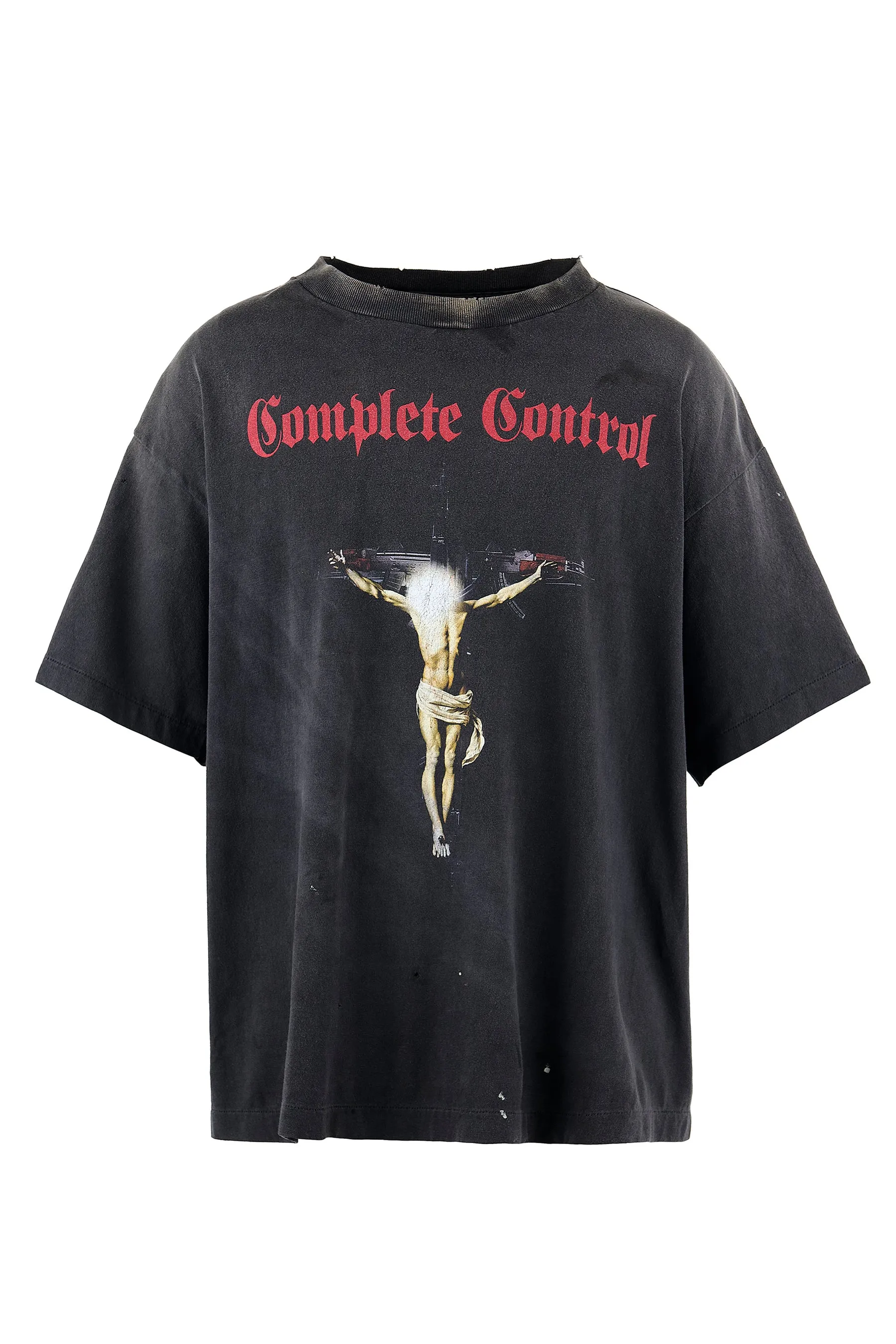 SAINT Mxxxxxx × Kosuke Kawamura KK_SS TEE/COMPLETE CONTRL/BLK KK joint model Jesus AK submachine gun cross printed TEE Washed black S-XL KK joint model's creative Jesus cross has never disappointed. Faded and washed with sulfur dye to make it distressed. Hole treatment. Printing is repeatedly revised and sketched. Extremely restored ZP. Cylindrical side seam high weight fabric. Stiff and comfortable. Correct accessories. Customized co-branded wash mark/little angel mark, top purchasing agent level